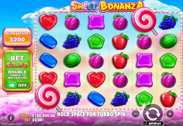 Sweet Bonanza slot grid with candy and fruit symbols in the base game