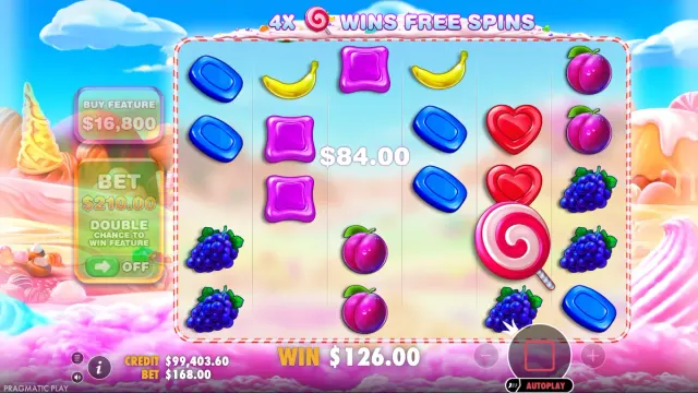Sweet Bonanza grid mid-tumble, with winning candy symbols clearing and new ones dropping in
