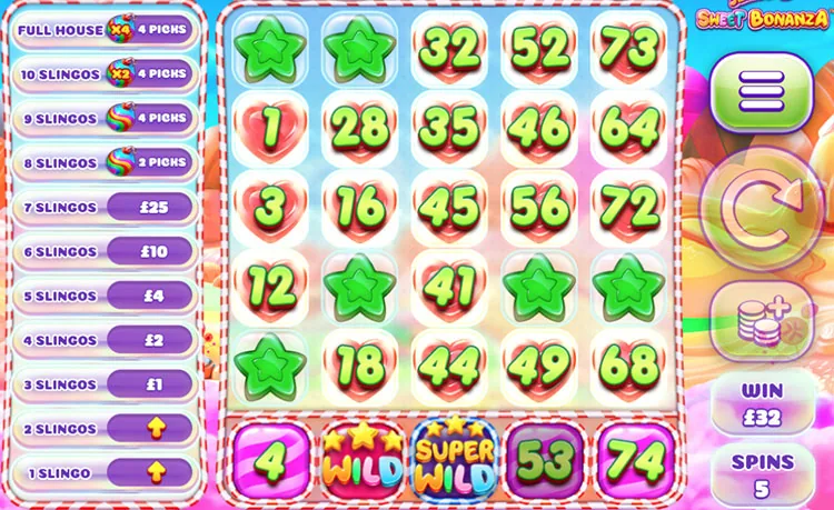 Slingo Sweet Bonanza number grid with marked numbers and the prize ladder