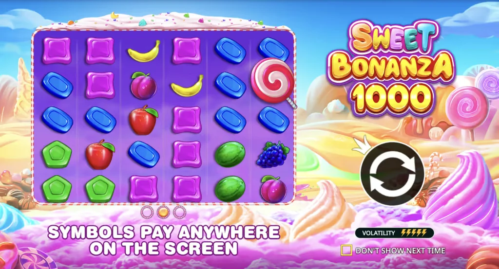 Sweet Bonanza 1000 opening screen showing the six by five grid and the scatter pays rule