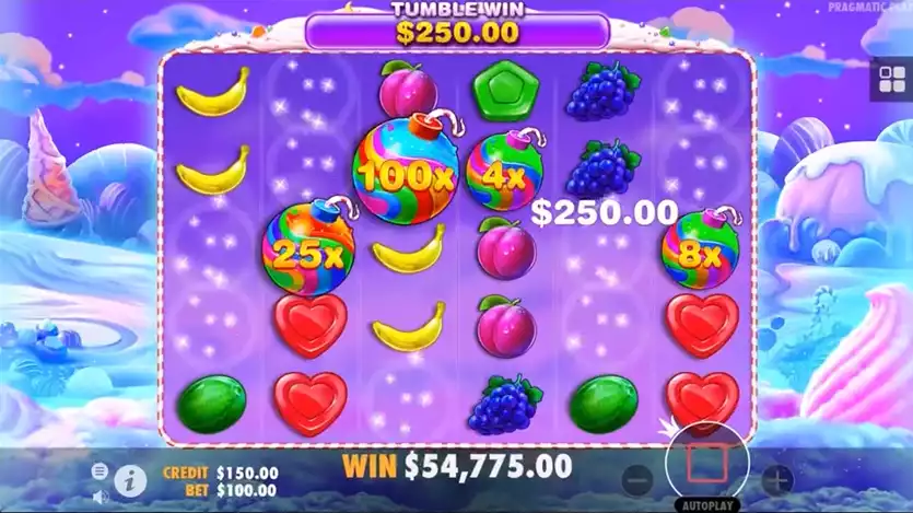 Sweet Bonanza multiplier symbols landing during the free spins round